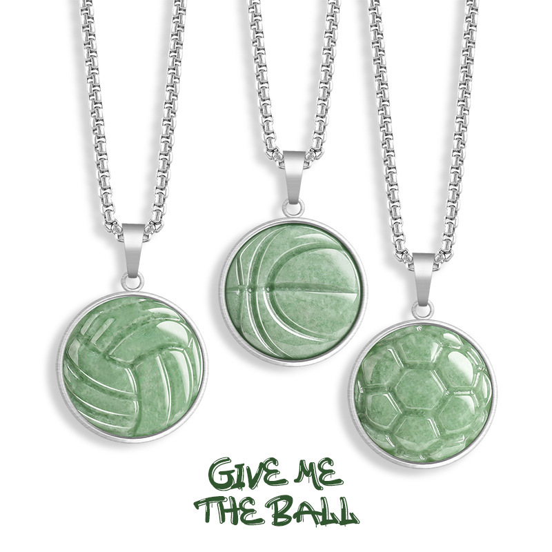 Natural A Goods Jade Basketball Football Volleyball Pendant Steel Titanium Necklace Ice Jade Memorial Gift Personality Pendant