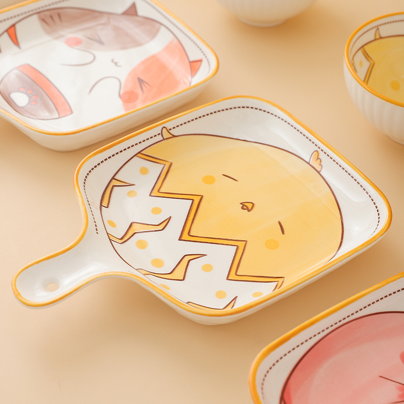 Creativo lindo mascota vajilla de cerámica placa lindo animal hogar mango placa para hornear tazón de arroz comer tazón conjunto