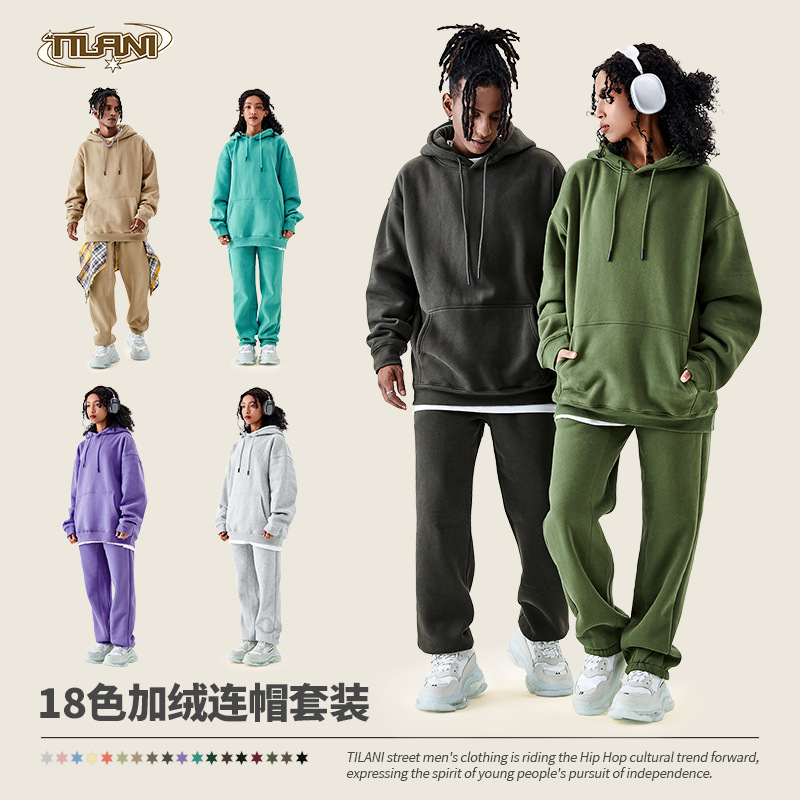 Conjunto deportivo unisex, sudadera con capucha y pantalón, forro polar grueso 350g, moda europea y americana