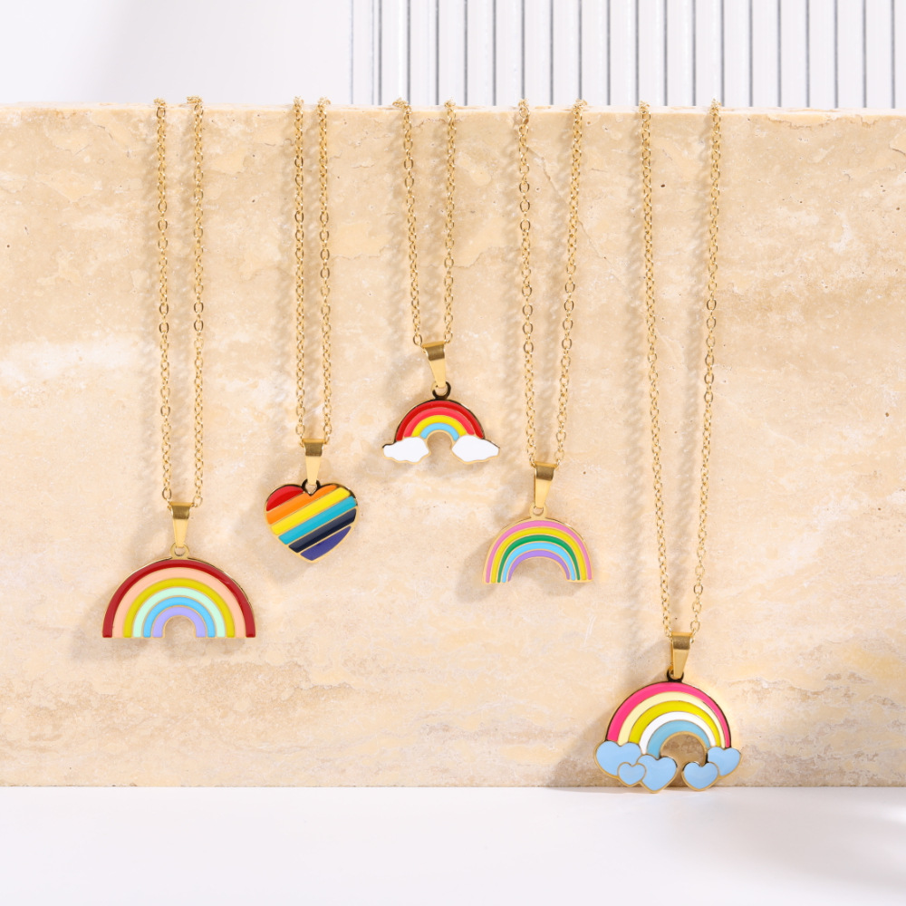 Fashion Simple New Sweet Cute Drop Oil Rainbow Heart Pendant Stainless Steel Necklace