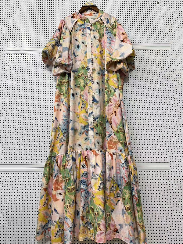 2025 越境貿易婦人服レトロ幾何学プリントプリーツシングルブレストレースアップドレス夏ルーズチュチュスカート|undefined