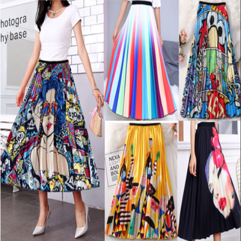Women's European and American Style Elastic Waist Pleated Skirt, Printed Mid-Length Pleated A-Line Skirt, Elegant and Graceful