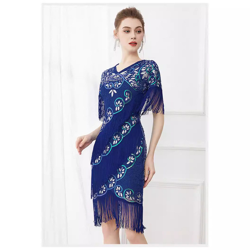 European and American Retro Dance Party Multi-Layer Tassel Dress Dance Dress 1920 Gatsby Sequin Beaded Short Sleeve Dress