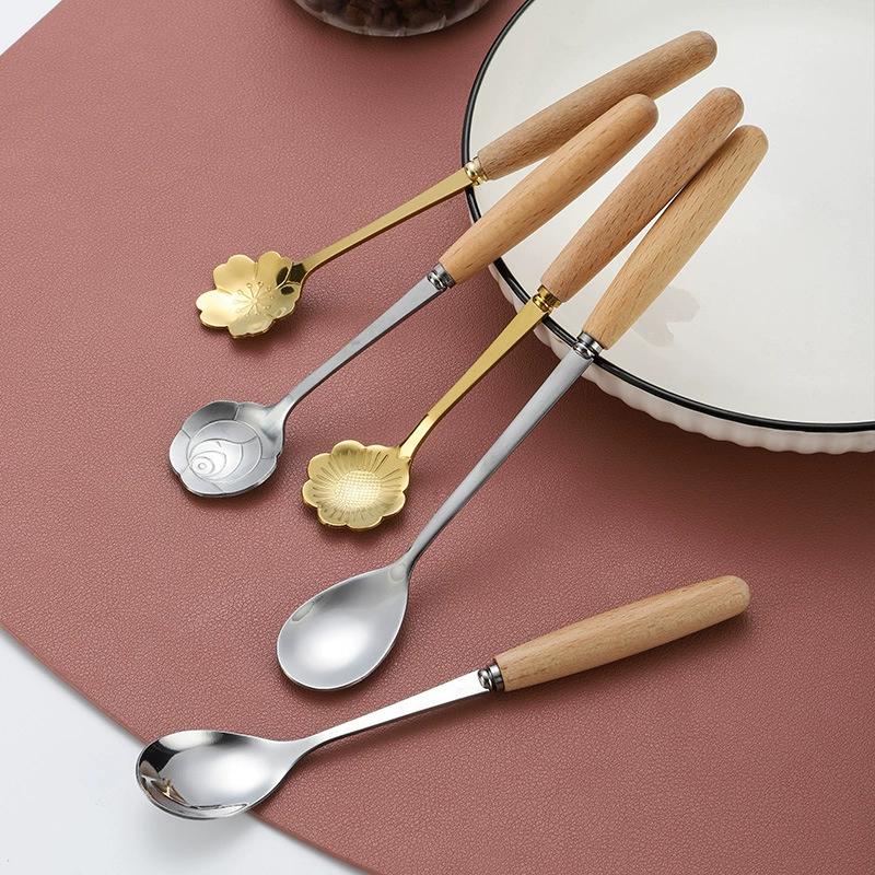 Нержавеющая сталь Деревянная ручка Кофейная ложка Ложка вишневого цвета Простая стеклянная чашка Деревянная крышка Мешалка для молока Ложка Подарок с чашкой Ложка