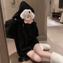 2025秋冬女装新款时尚甜美可爱猫咪头连帽毛球仿貂毛毛衣开衫外套