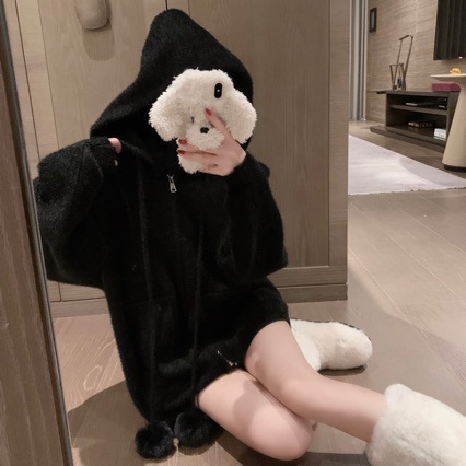 2025秋冬女装新款时尚甜美可爱猫咪头连帽毛球仿貂毛毛衣开衫外套