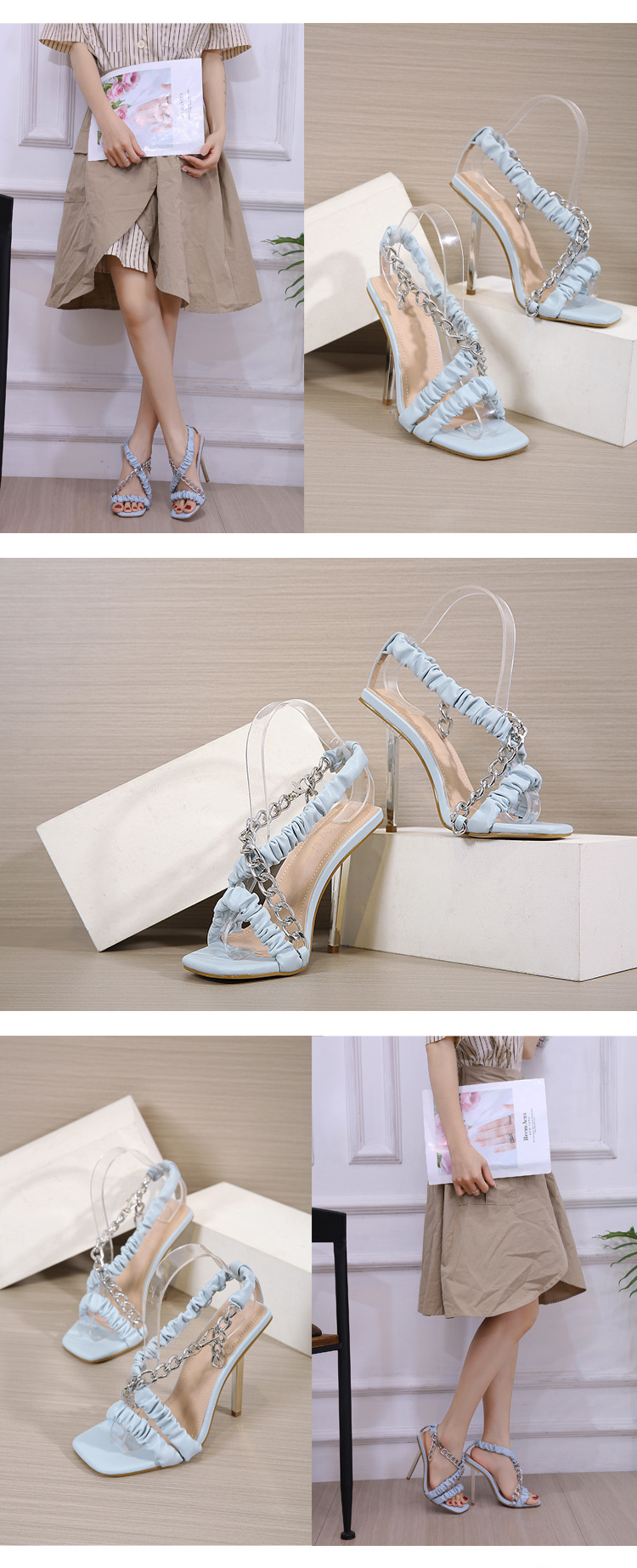 Chain decor ruched strap heeled sandals NSCA48664