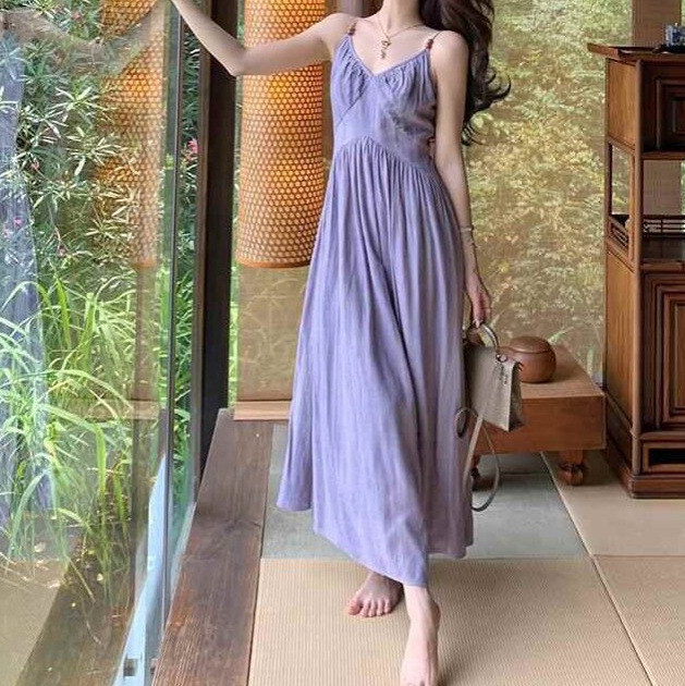 Dopamine Beautiful Purple Sling dress Women's Summer Waist Beach Skirt for Pakistan Island Vacation