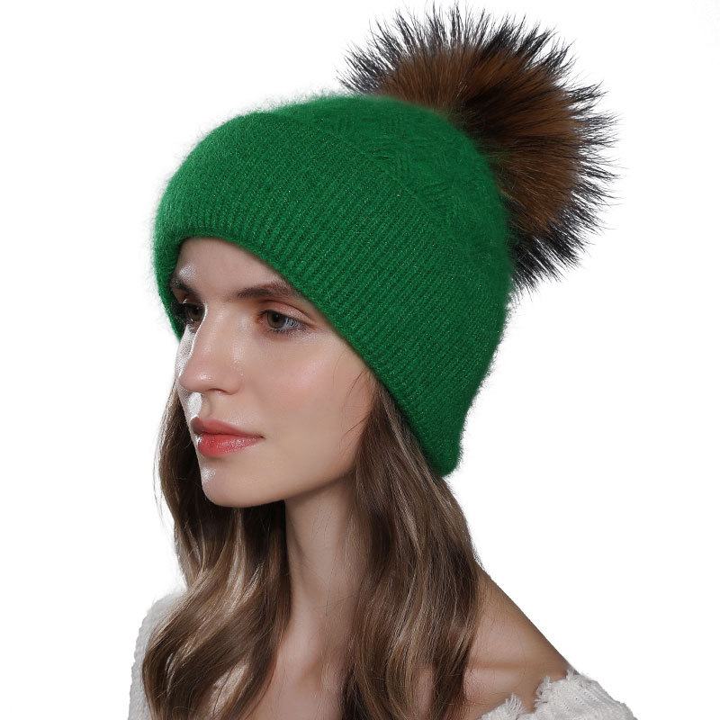 Nuevo Gorro de lana con pelo de conejo Angora tejido para mujer, giros de masa frita para invierno, gorro de lana con brida de doble capa, Bola de pelo de perro mapache,_voghion.com