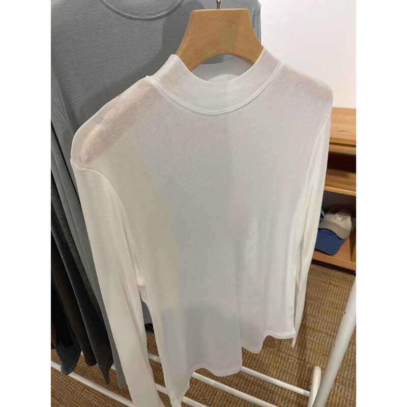 テンセルウールマスクTシャツレディース初秋薄手長袖右肩トップス白インナーハーフタートルネックボトリングシャツ|undefined