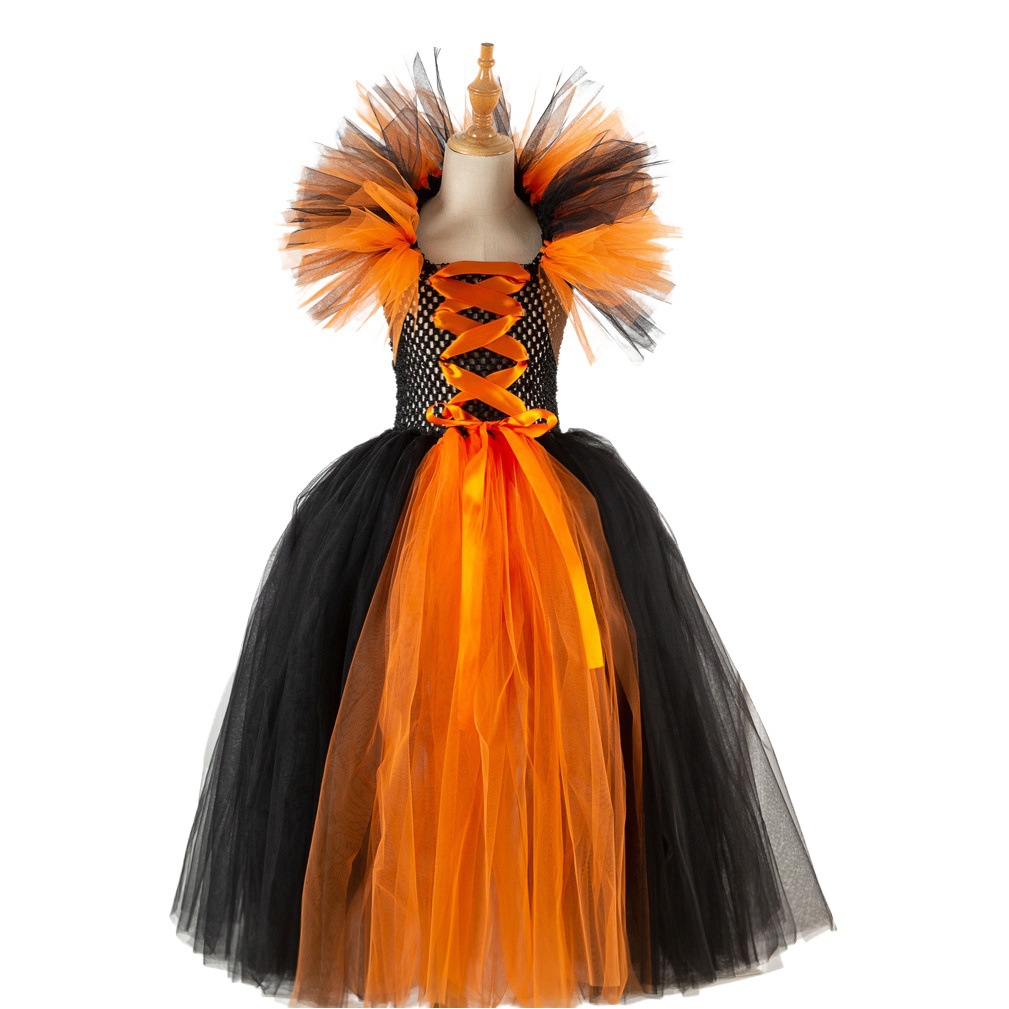 Halloween ropa para niños de Europa y América largo vestido de niña bruja tocado libre rendimiento vestido de malla fantasma Festival princesa vestido