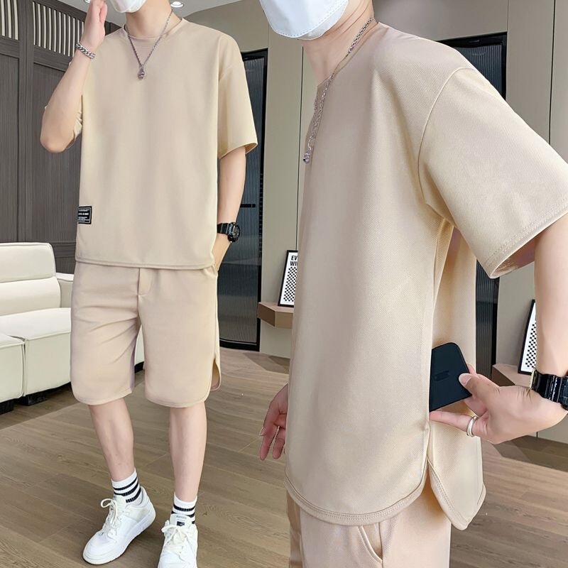Summer Waffle Suit/T-shirt Set for Men, Short Sleeve Shorts, Solid Color, Versatile, Trendy, Casual, Sporty Men's Clothing