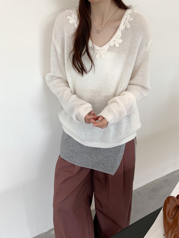 之言25秋冬季女款羊毛衫韩系纯色百搭v领勾花丝羊毛绒针织衫毛衣|undefined