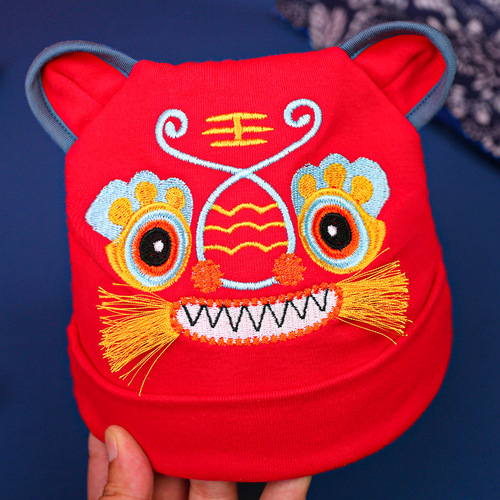 Tiger head hat baby hat red full moon 100-day-old baby hat fetal hat spring and autumn Chinese style embroidery HTM29