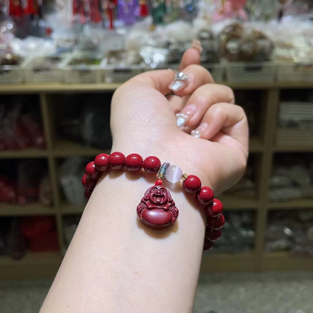 朱砂紫砂弥勒佛手串，珠径约8mm