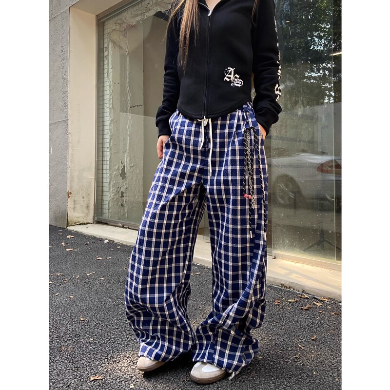 Atkfy American Retro Plaid Casual Pants for Men and Women, Loose Lazy Style Wide-Leg Straight Button Design Floor-Length Pants