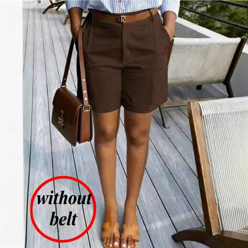 2026 Spring New Women's Brown Elegant Shorts with Pockets, Comfortable and Versatile for Casual Outings and Vacations