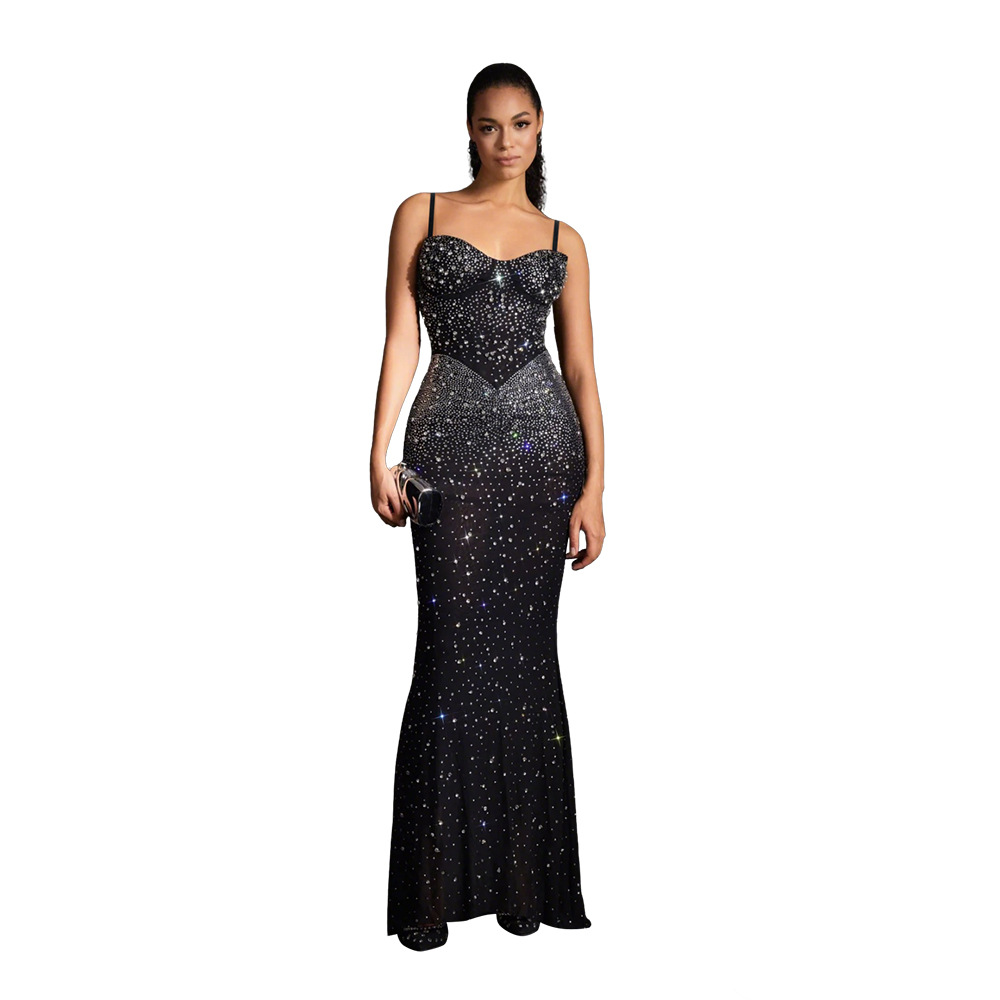 Elegant Spaghetti Strap Long Dress With Rhinestone Details, Women's Chic Bodycon Maxi Dress For Parties_ecoleips.com