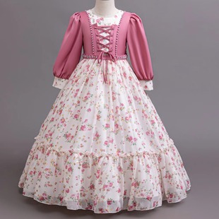 New Ready-Made Chiffon Kidsren's Dress Patterned Long-Sleeved Dress Girls Classy Catwalk Princess Dress Kid Gown
