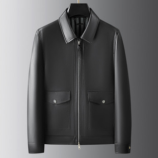 Genuine Leather Coat Men's Sheepskin Coat Middle-aged Lapel Solid Color Leather Jacket Business Casual Fashion Trendy Dad Clothes