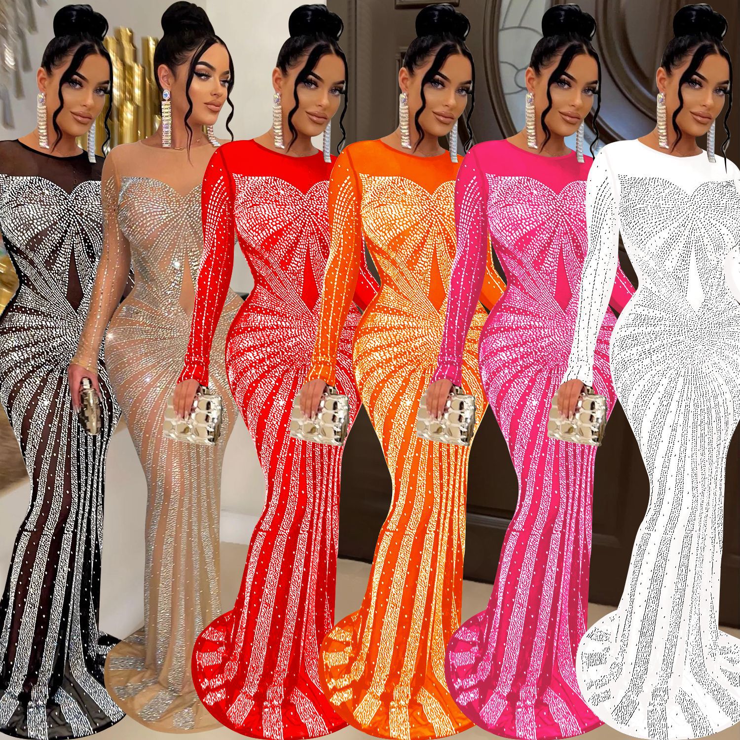 C6198 AliExpress Amazon europeo y americano de la moda de las mujeres de color sólido malla ver a través de rhinestone vestido de manga larga image 1