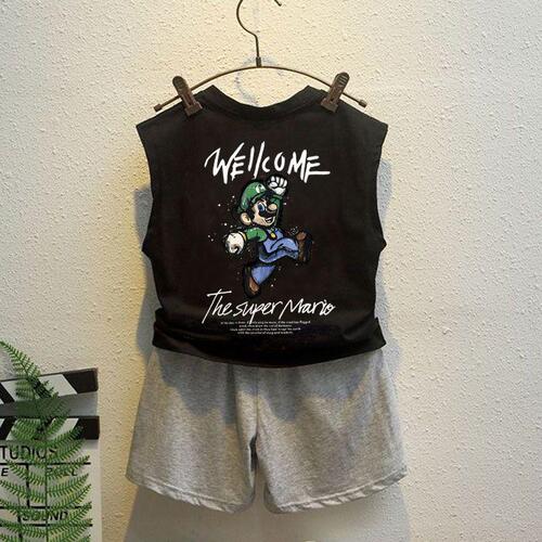 Children's summer clothing set, two-piece child undershirt, sleeveless T-shirt, pure cotton, loose, for little boys in summer.