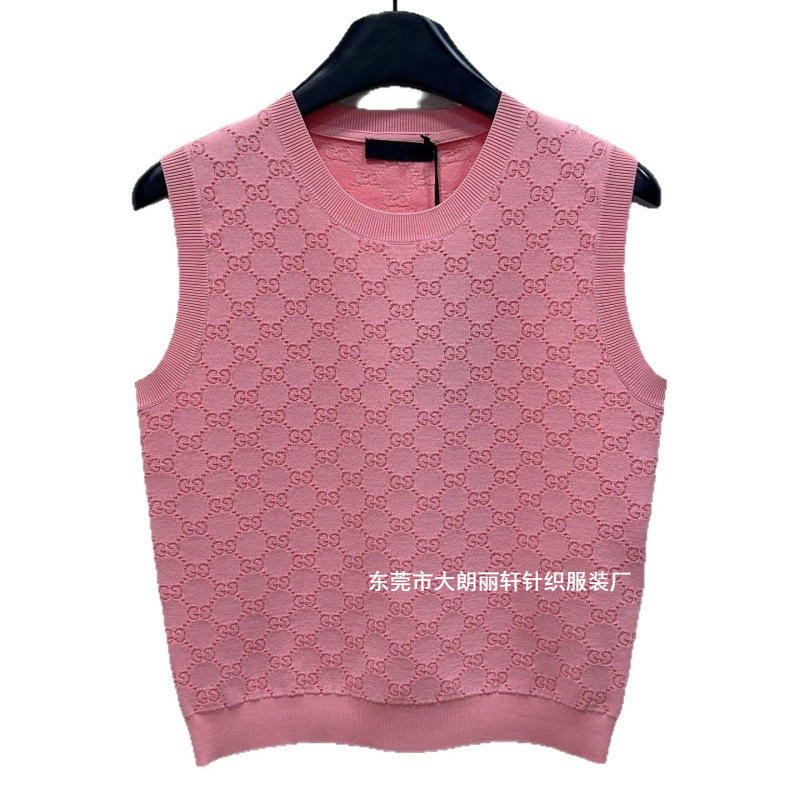 Shenzhen Nanyou Women's High-Quality Gu-Style Round-Neck Letter Jacquard Pink Short Vest Slim-Fit Elegant Knitwear Shenzhen Nanyou Women's High-Quality Gu-Style Round-Neck Letter Jacquard Pink Short Vest Slim-Fit Elegant Knitwear