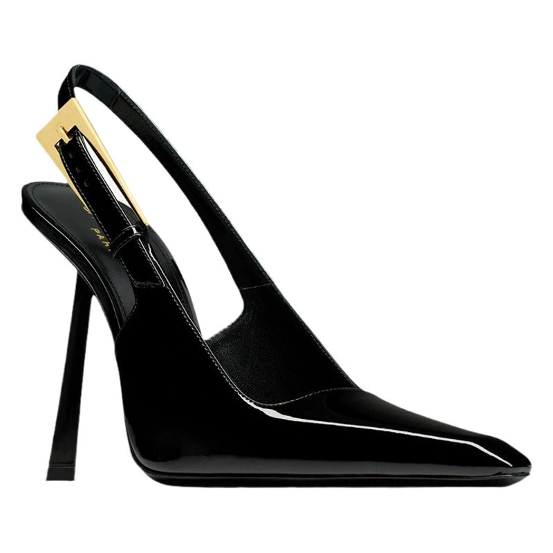 2025 новые летние стильные европейские и американские босоножки на шпильке с квадратным носком, лакированная кожа, резиновая подошва, микрофибра, женская обувь