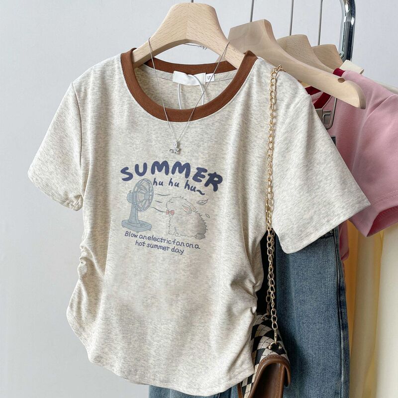 American-Style Right-Shoulder Pure Cotton Short-Sleeved Shirt for Women, New Summer Bottoming Shirt, Slim Design, Sexy Short Top, Trendy