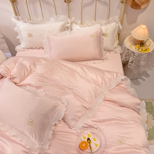 Korean princess style ice silk four-piece set silky naked sleeping summer quilt cover sheets bedding pink quilt cover summer