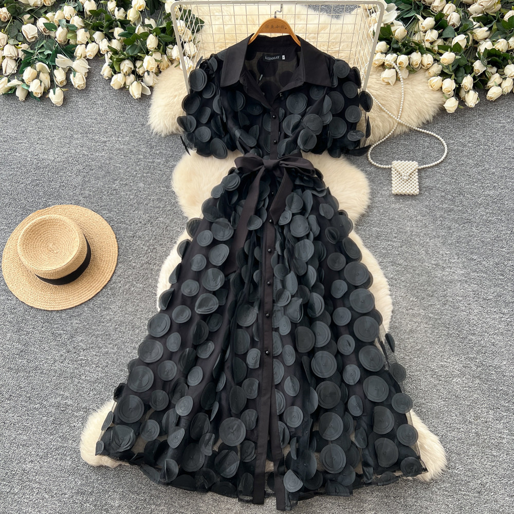 Elegant French Style Lace Dress for Women Summer Short Sleeve A-Line Skirt Tie Waist Sophisticated Lapel_ecoleips.com
