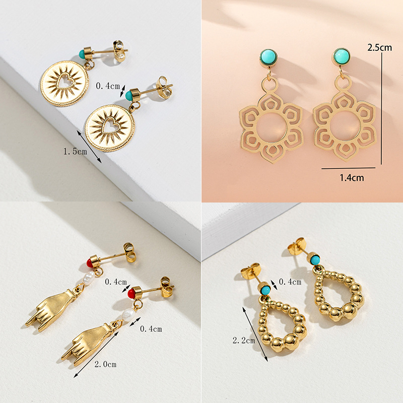 Retro Hand Water Droplets Stainless Steel Pearl Plating Inlay Turquoise Drop Earrings 1 Pair