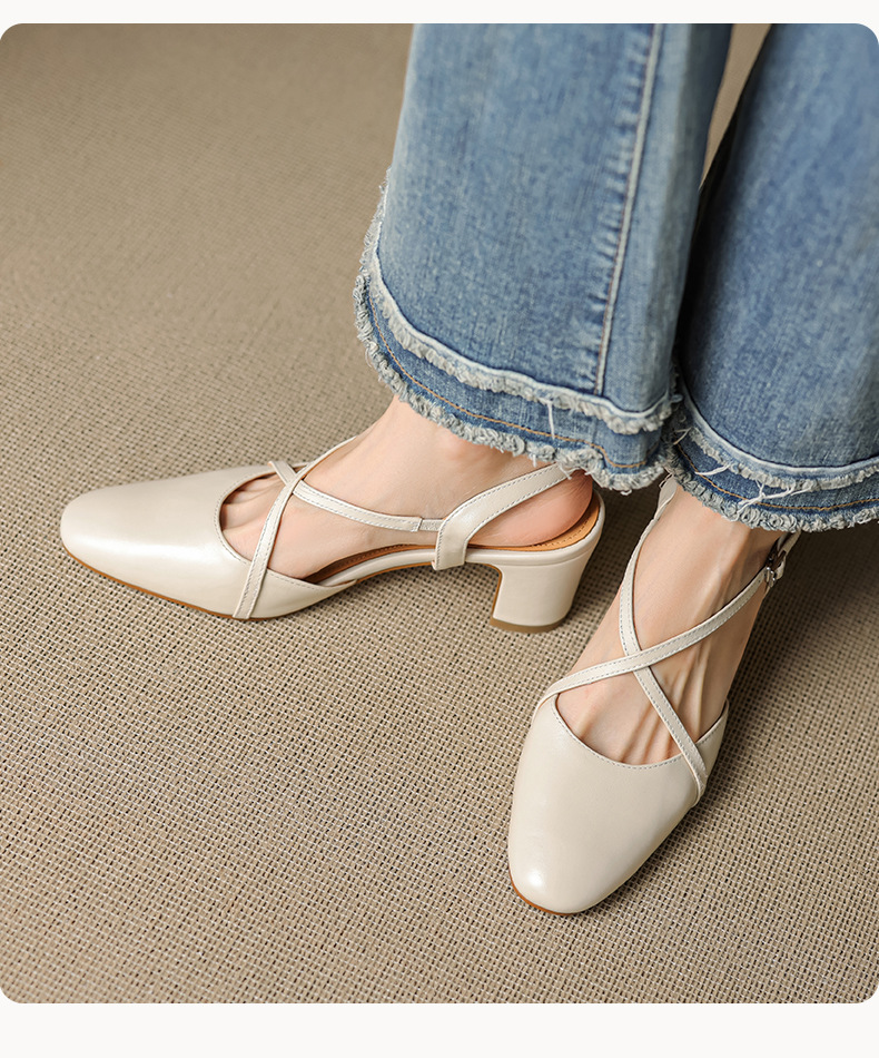 Sandal cao gót nữ mũi nhọn quai chéo buộc dây, gót vuông ổn định — màu trắng ngà chi tiết 12