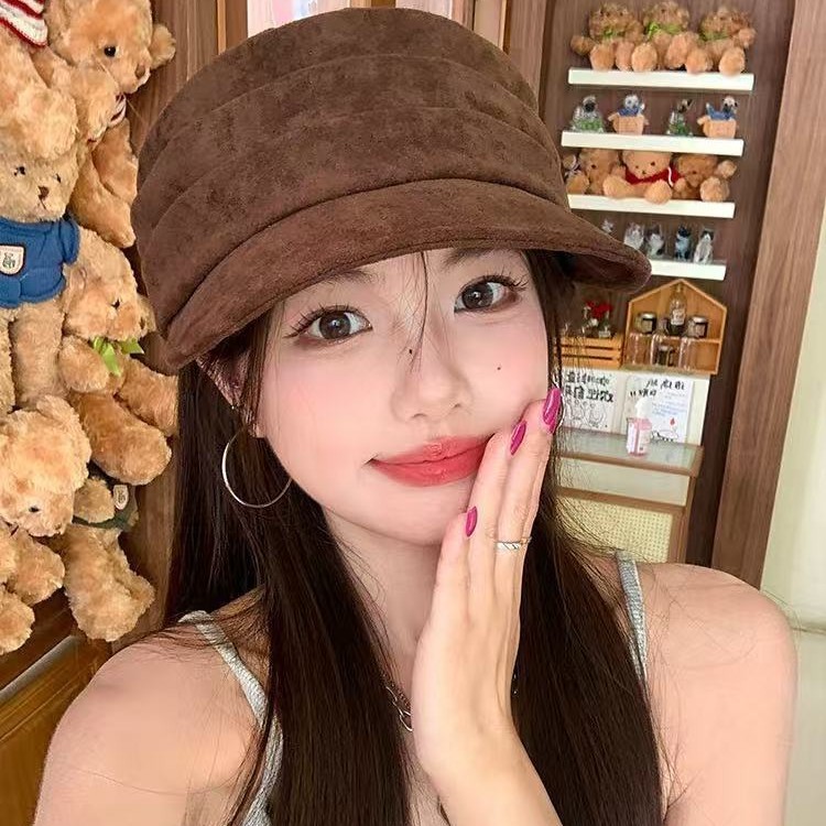 时尚纯色马术帽麂皮绒平顶鸭舌帽女休闲百搭日系春秋八角帽显脸小|undefined