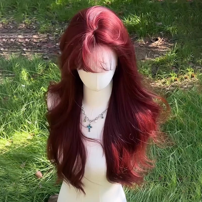 Wig for Women with Full Headgear, Long Curly Hair, Mermaid Rose Red Cos, Full Age-Reducing Air Bangs Wig
