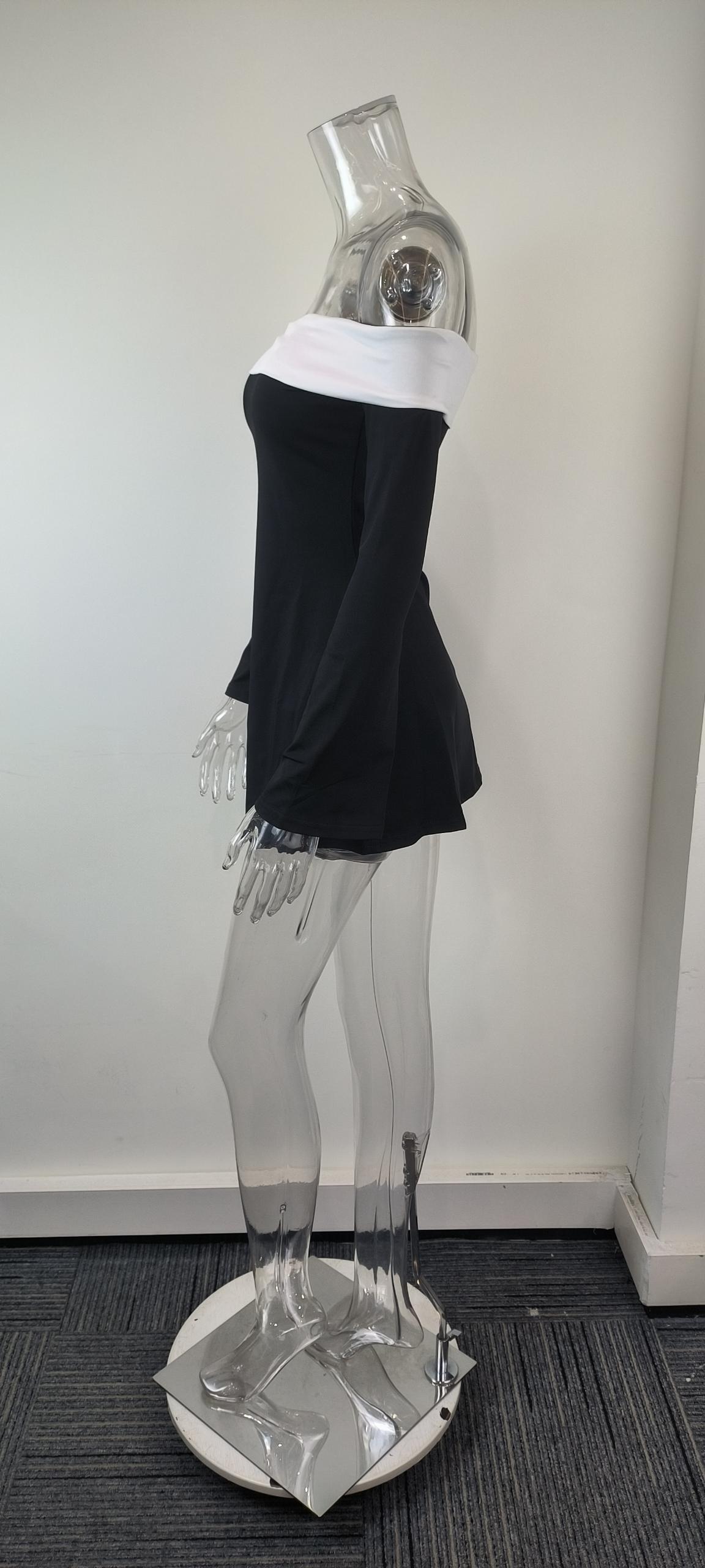 French Style Off-shoulder Color-block Skirt Set For Women_voghion.com