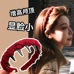 Retro toothed plush headband for women with high skull headband new red simple temperament non-slip outer wear hair clip
