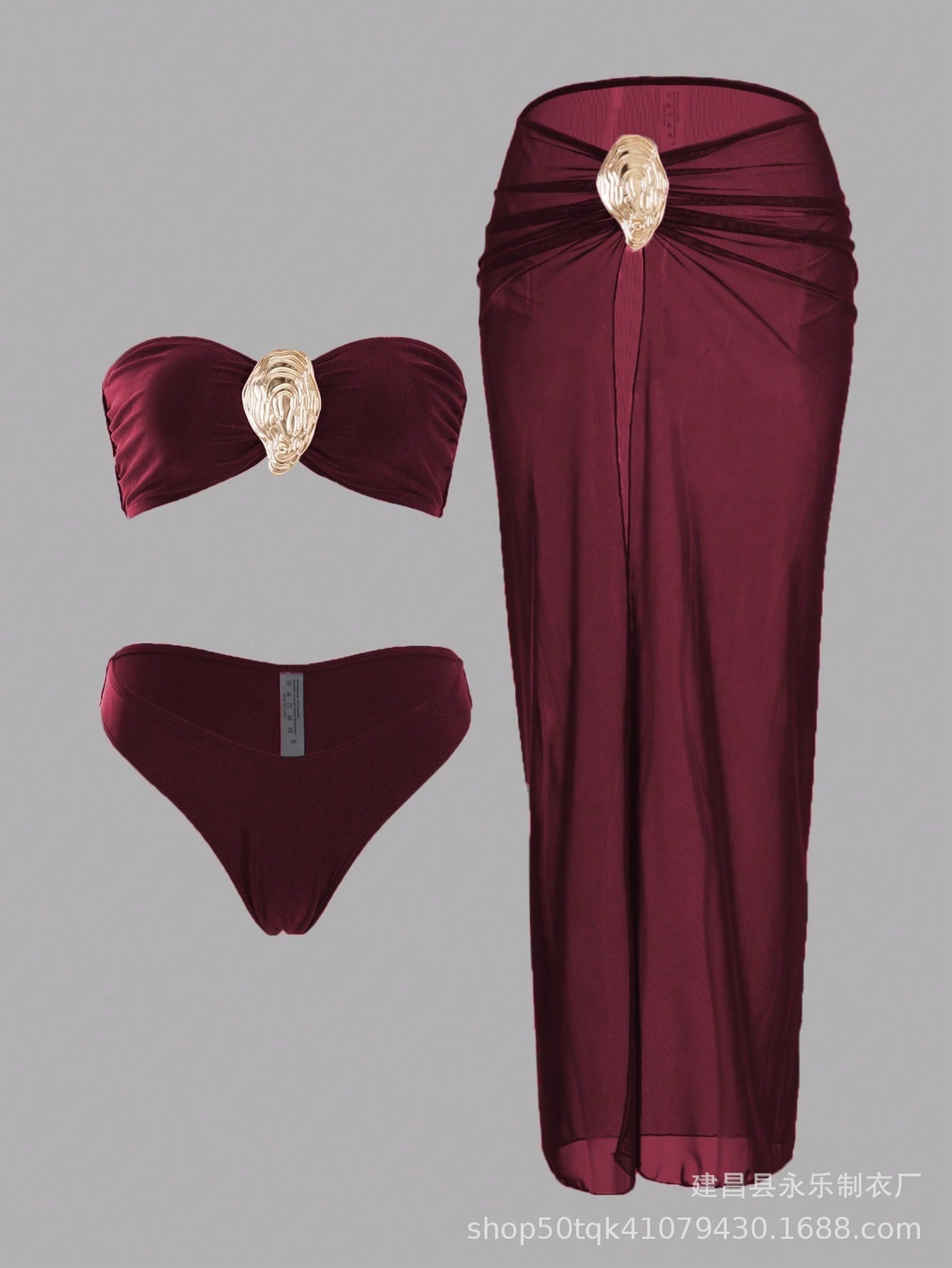 Nuevo traje de baño de bikini dividido con top de tubo de chica sexy, falda larga de mujer, traje de baño transfronterizo europeo y americano de tres piezas con horquilla alta