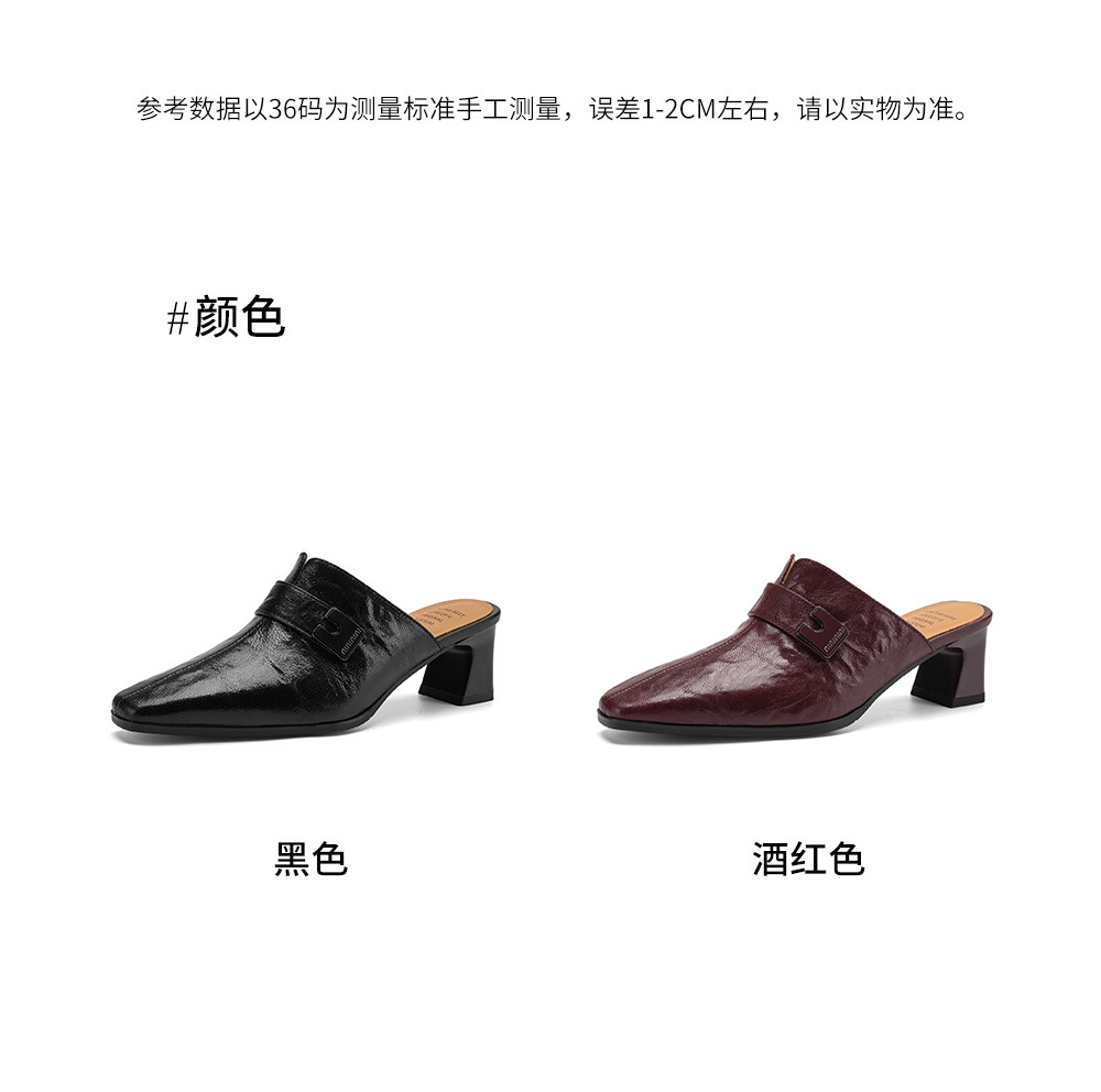 Dép sandal cao gót nữ mũi nhọn quai ngang da dê gót thô 5 cm — đen chi tiết 3