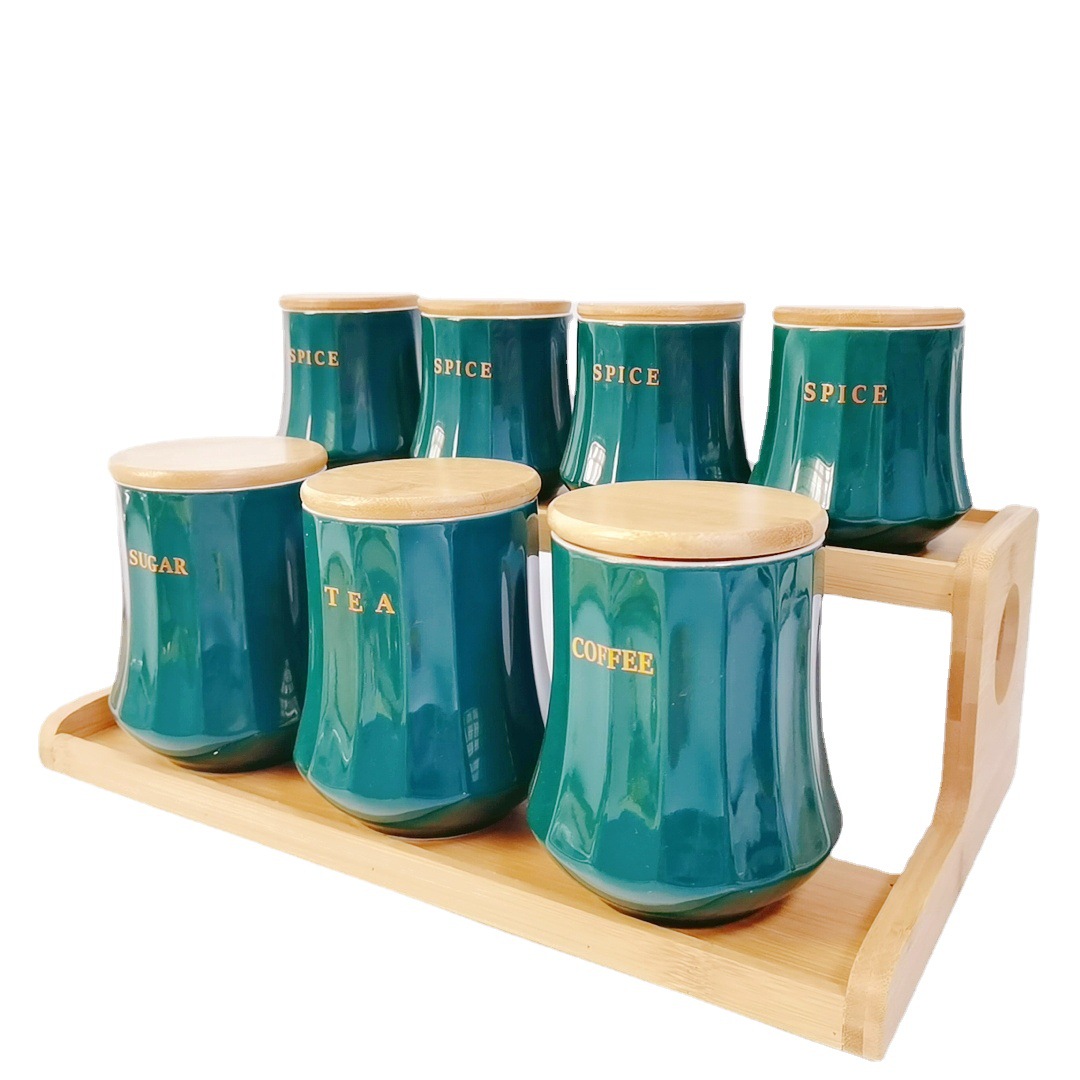 Exportación transfronteriza de latas cerámicas selladas, latas de té, latas de café, latas de almacenamiento de cocina, marcos de madera de doble capa, latas de condimento irregulares