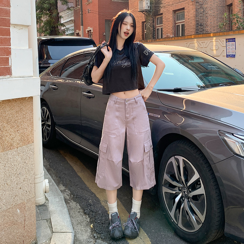 2025 Spring American Retro Large Pocket Workwear Cropped Denim Shorts Women's Design Tencel Pants Wide Leg Pants