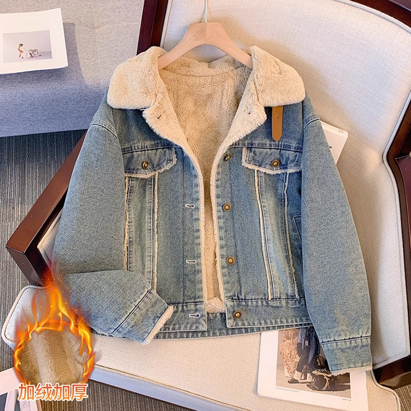 Retro denim jacket for women with winter plus velvet thickened 2025 new autumn and winter women's small plush denim jacket
