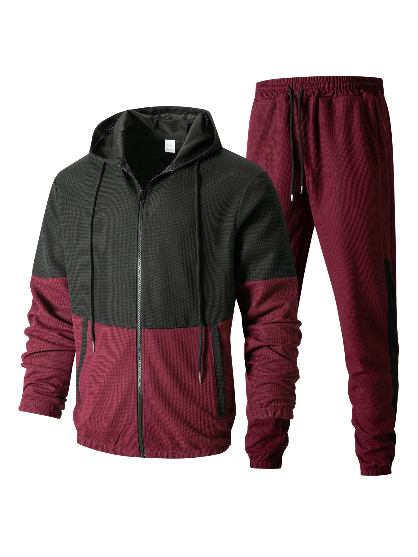 Herren-Trainingsjacke mit Kapuze, Reißverschluss, zwei Taschen, Patchwork-Design, Farbblock-Design, normale Passform, Kurzarm, elegant, aus Polyester_voghion.com