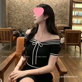 繁可 Fanco黑白条纹一字肩衣女夏新露肩蝴蝶结绑带腰短袖T恤黑色