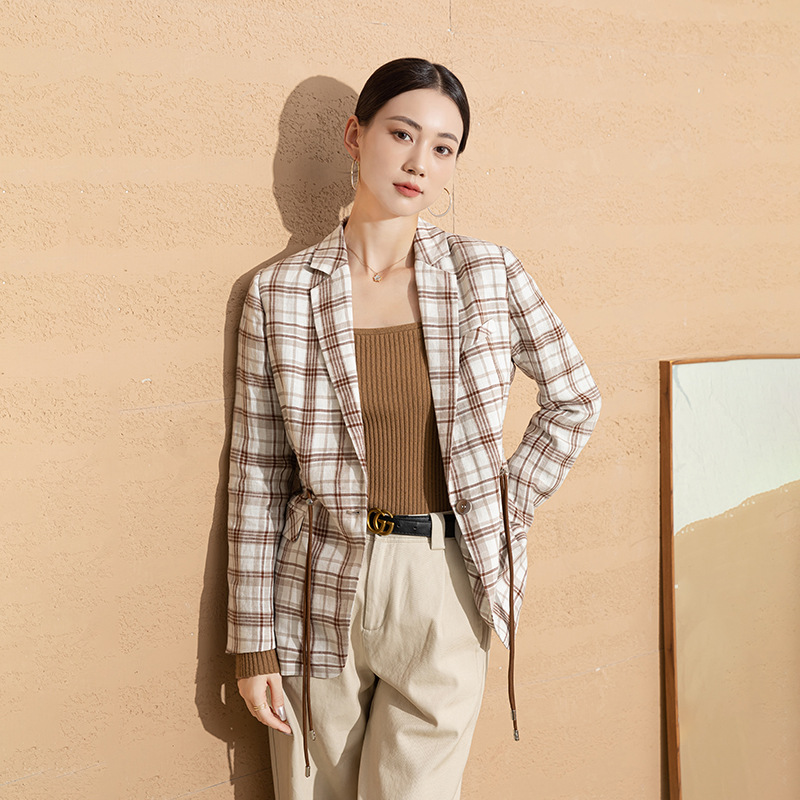 Linen Plaid Blazer for Women, Spring 2025 New Style, Niche Design, Petite Casual Suit