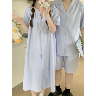 Cross-Border Exclusive Foreign Trade Women's New Summer Couple Pajamas Korean Style Short-Sleeve Striped Simple Loungewear
