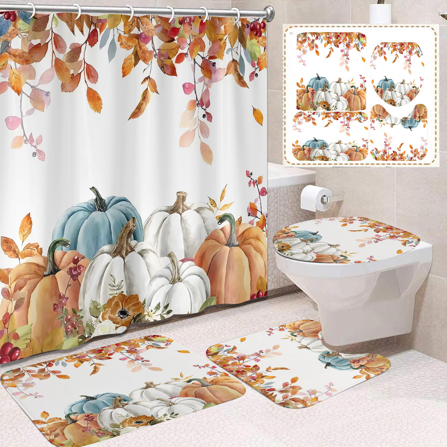 Cortina de ducha de Acción de Gracias, cosecha de otoño, serie de calabaza, cortina de ducha, cortina de baño, cortina de baño impermeable de poliéster, cortina de baño de cuatro piezas image 30