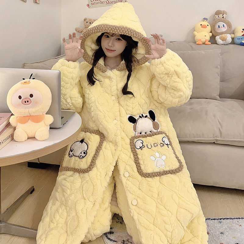 겨울 산호 양털 귀여운 여성용 파자마 3 층 퀼트 긴 후드 따뜻한 홈 의류 세트 여성용 외모