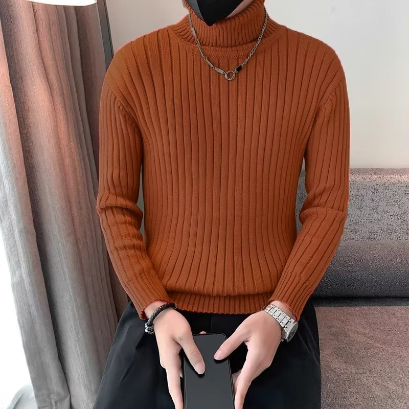 2024 Winter High-end Men's Turtleneck Sweater Trendy Slim-fit Thickened Base Sweater Youth Solid Color Sweater