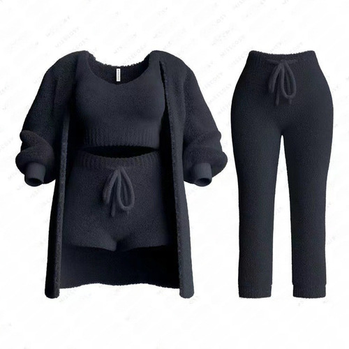 2025 Autumn/Winter New Cross-border Amazon Knitted Plush Long-sleeved Jacket, Backless Short, Four-piece Set + Three-piece Set